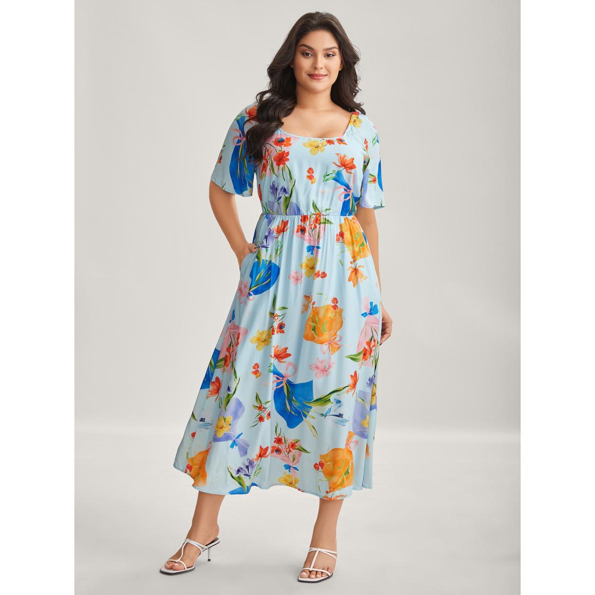 Plus Size Rayon Floral Print Pockets Midi Dress Multicolor Women Round Neck Short sleeve Curvy BloomChic 12/L Product Image
