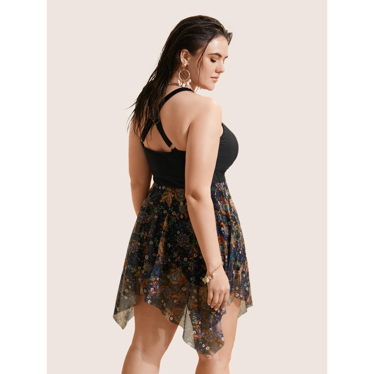 Plus Size Patchwork Ruched Knot Asymmetrical Hem Swim Dress Women's Swimwear Black Beach Bodycon Heart neckline High stretch Curve Swim Dresses BloomChic 10/M Product Image