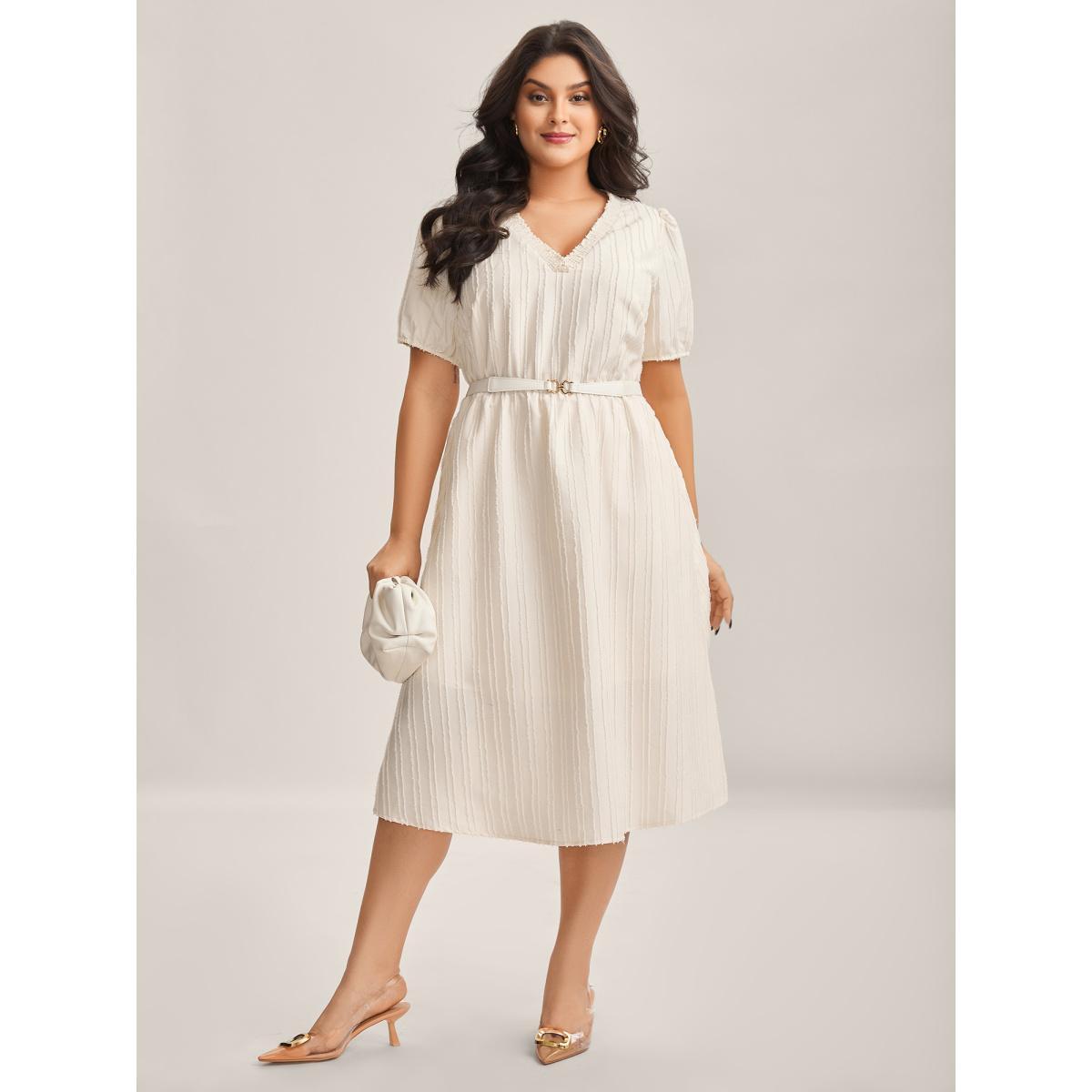 Plus Size Textured V-Neck Pockets Solid Midi Dress Ivory Women V-neck Short sleeve Curvy BloomChic 28/5X Product Image