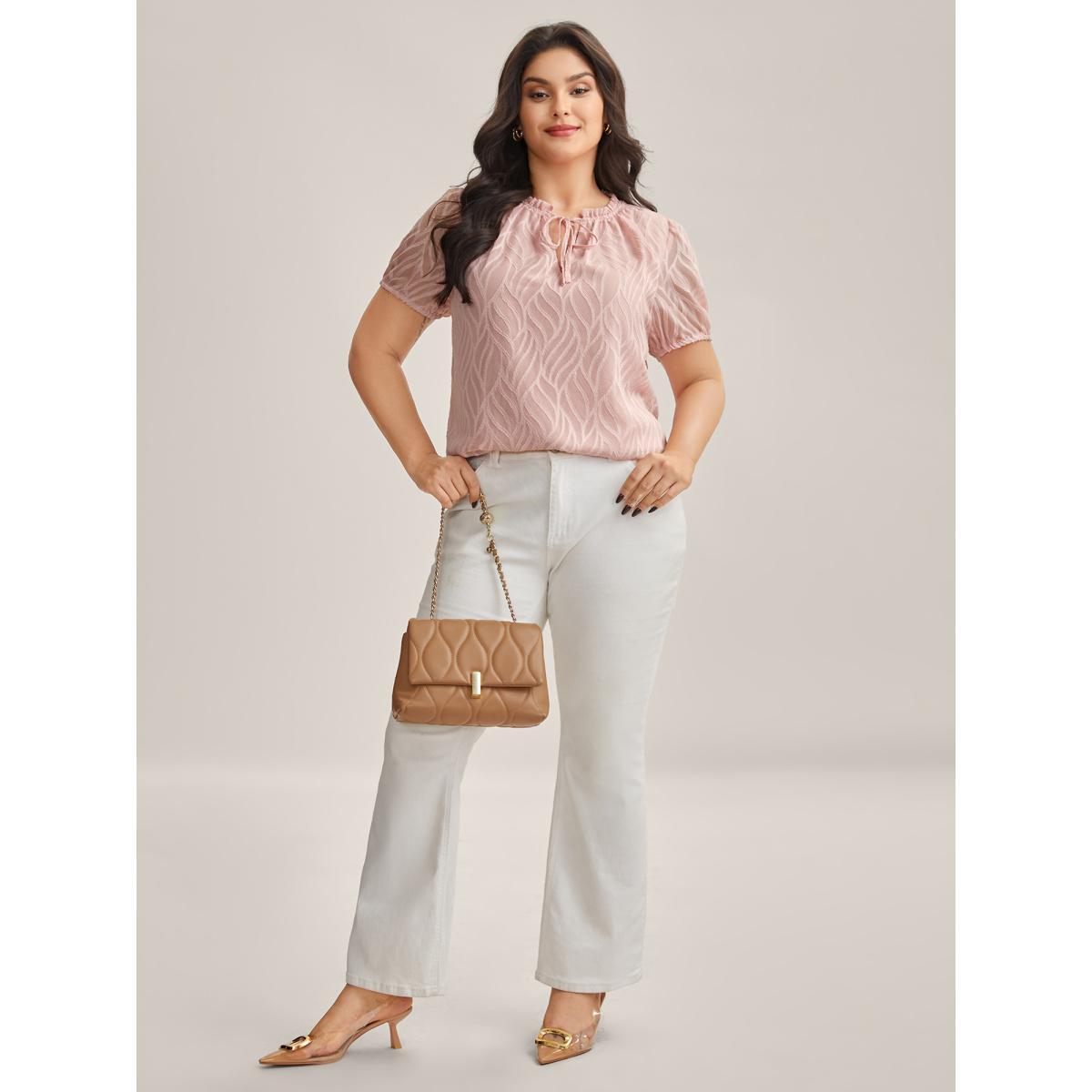 Plus Size Crepe Textured Ruffled Neck A-Line Blouse Women Short sleeve Round Neck Work Blouses BloomChic 18-20/2X Product Image