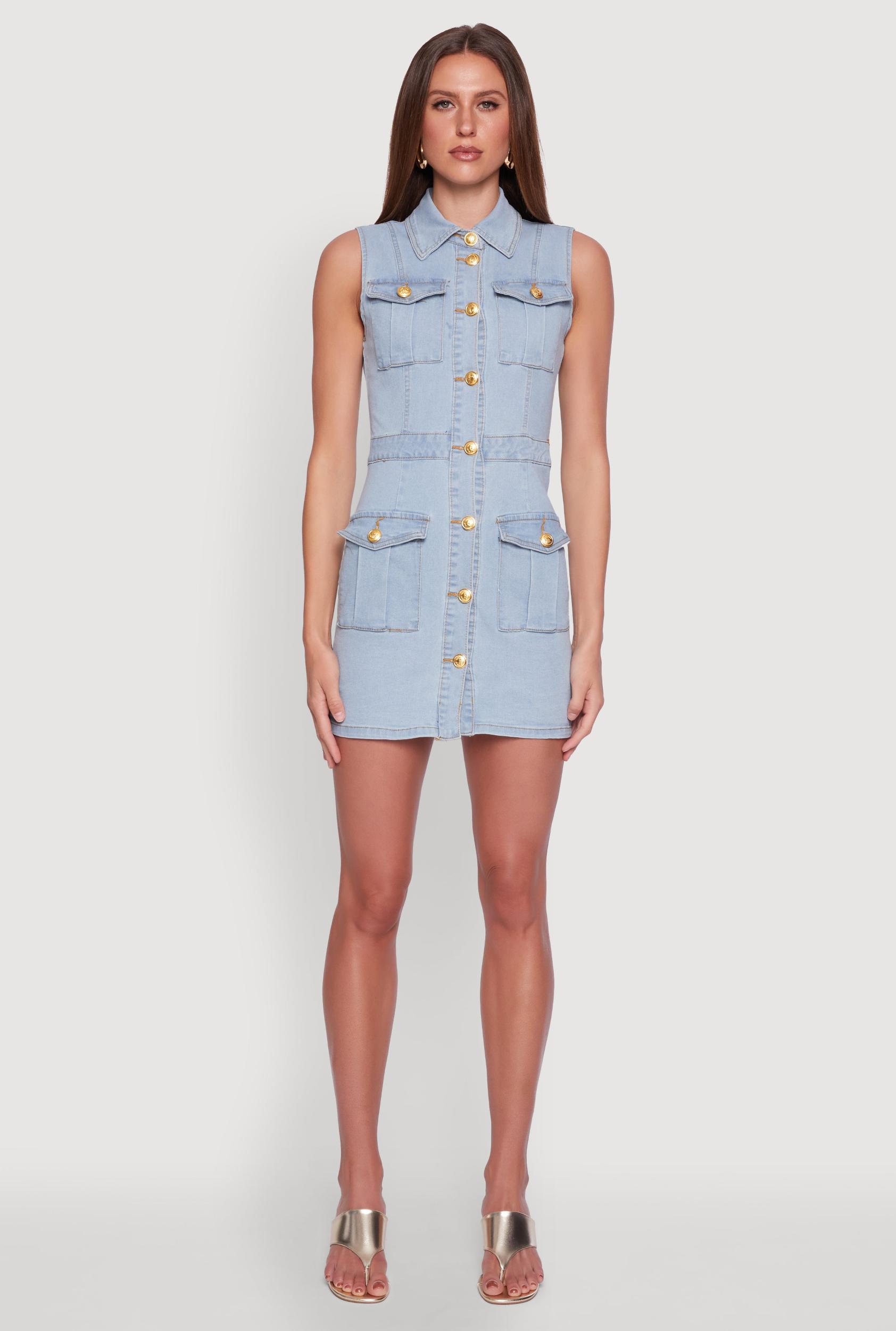 Womens Daisy Sleeveless Button Front Denim Dress Product Image