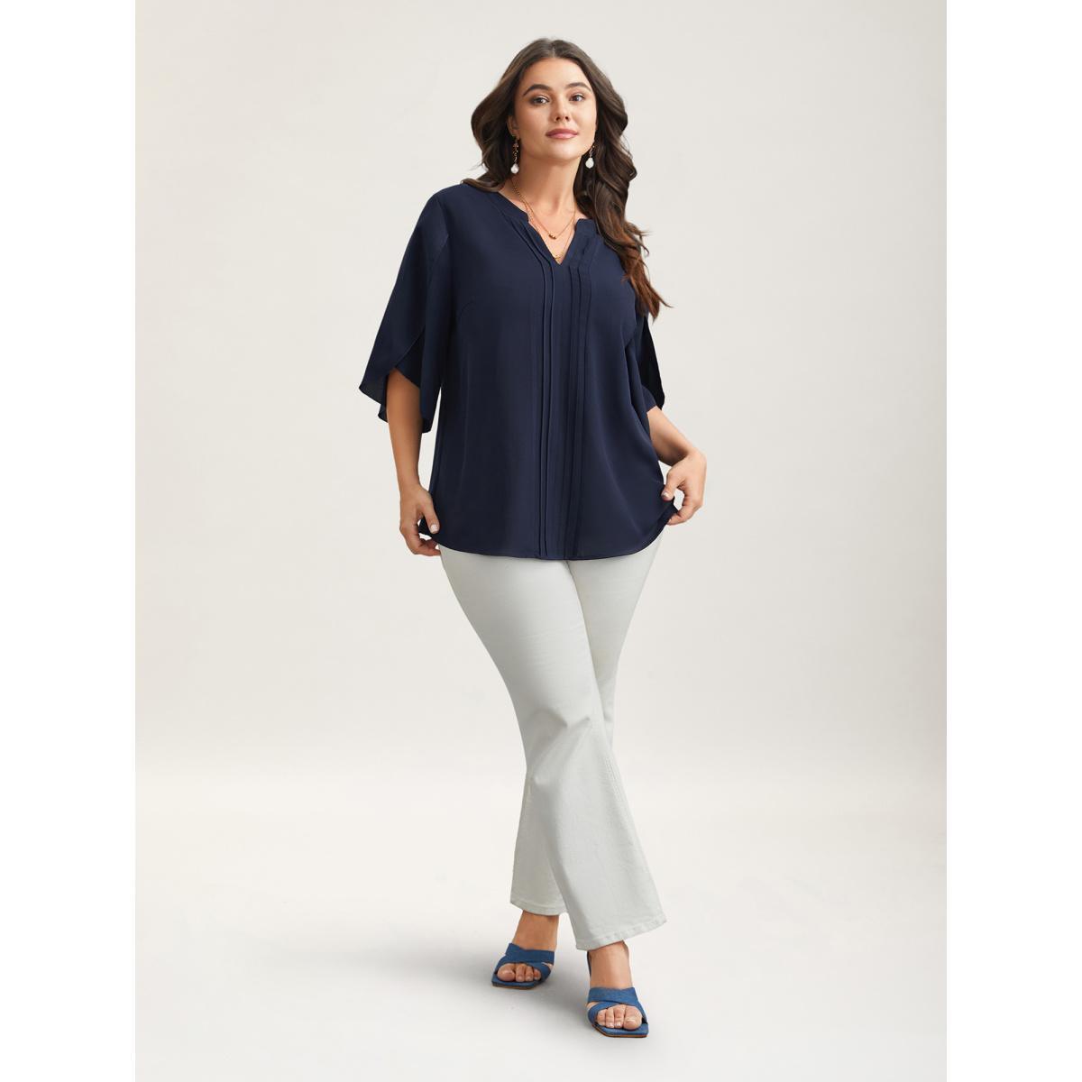 Plus Size Indigo Petal Sleeve Toothpick Pleats Shirt Women At the Office Elbow-length sleeve Notched collar Work Blouses BloomChic 14-16/1X Product Image