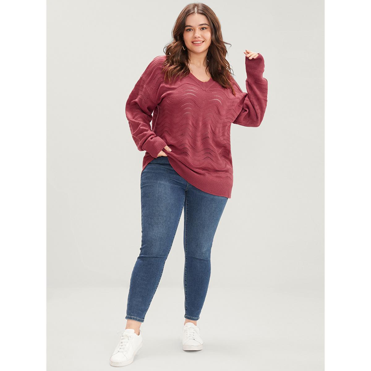 Plus Size Plain Pointelle Knit Water Ripple Eyelet Knit Top Scarlet Women Casual Loose Long Sleeve V-neck Dailywear Pullovers BloomChic 28/5X Product Image