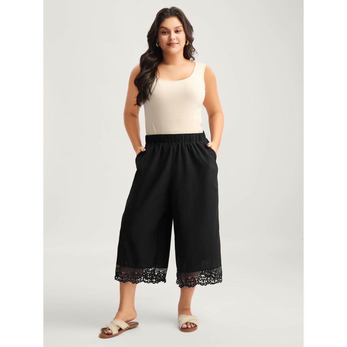 Plus Size Cotton Scalloped Lace Hem Wide-Leg Pants Women Black Resort Wide Leg Mid Rise Vacation Pants BloomChic 18-20/2X Product Image
