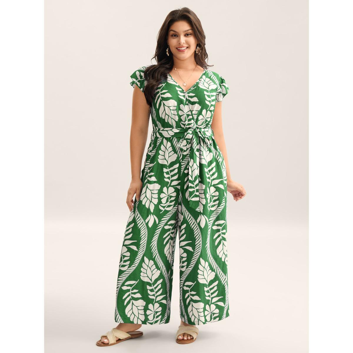 Plus Size DarkGreen Large Floral Print Pockets Jumpsuit Women Cap Sleeve Overlap Collar Vacation Loose Jumpsuits BloomChic 26/4X Product Image