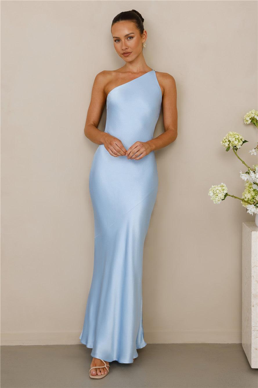 The Evangeline One Shoulder Satin Maxi Dress Blue Product Image