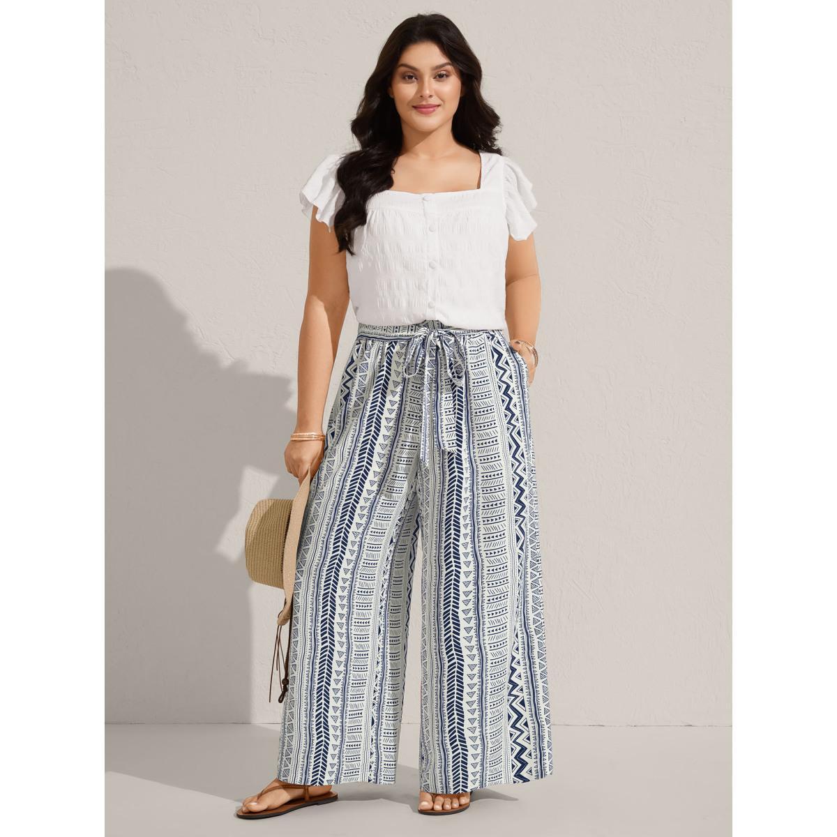 Plus Size Waist-Tie Wide-Leg Boho Print Pants Women LightBlue Casual Wide Leg Mid Rise Everyday-Casual Pants BloomChic 22-24/3X Product Image