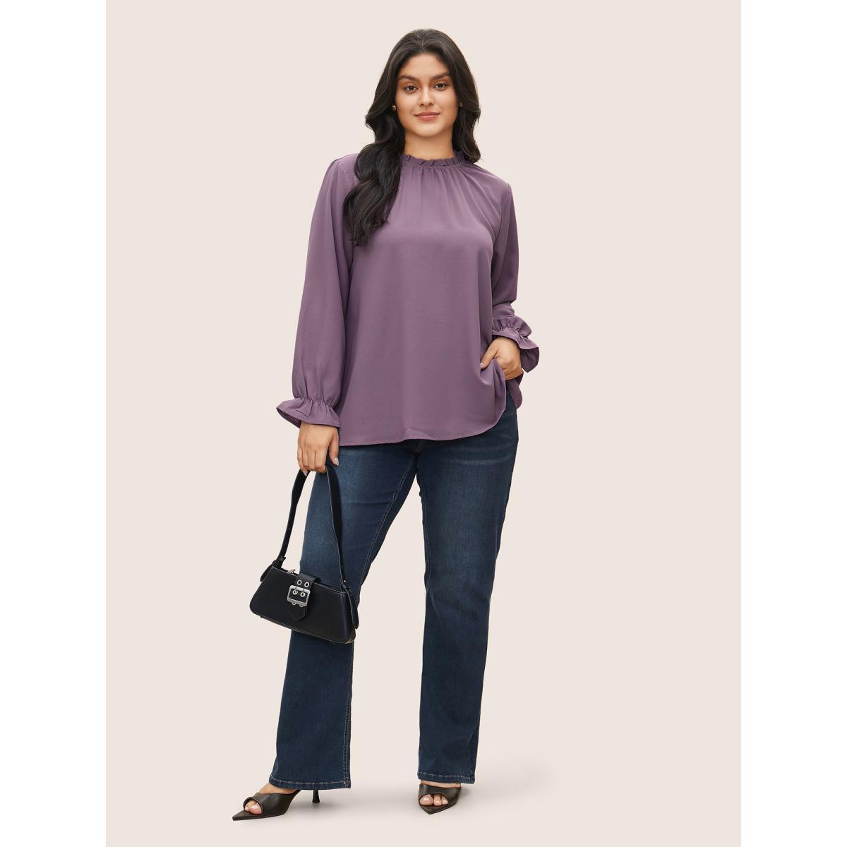 Plus Size Mauve Plain Lantern Sleeve Ruffle Trim Mock Neck Blouse Women Work From Home Long Sleeve Mock Neck Work Blouses BloomChic 22-24/3X Product Image