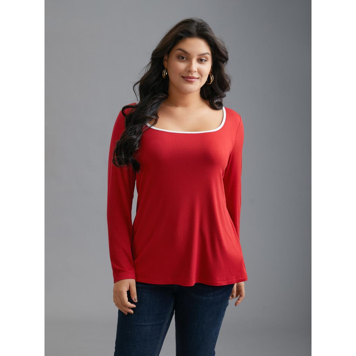 Plus Size Square Neck Contrast Trim T-shirt Crimson Women Casual Texture Square Neck Bodycon Everyday T-shirts BloomChic 14-16/1X Product Image