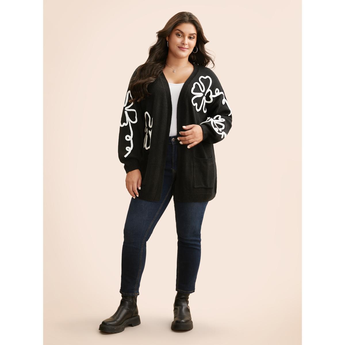 Plus Size Crochet Floral Kimono Collar Pocket Cardigan Black Women Casual Loose Long Sleeve Everyday Cardigans BloomChic 12/L Product Image