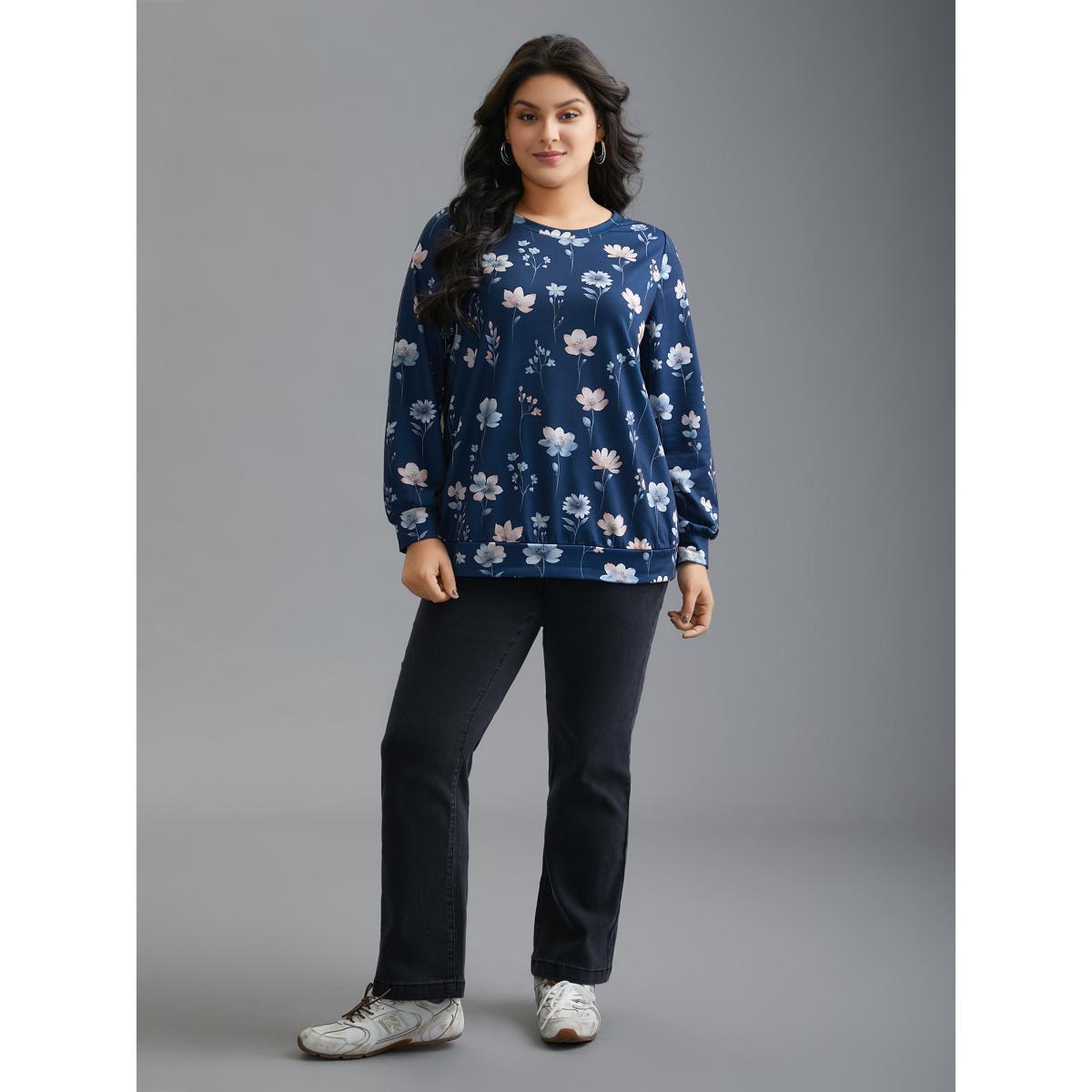 Plus Size Crew Neck Floral Print Sweatshirt Women DarkBlue Casual Contrast Round Neck Everyday Sweatshirts BloomChic 10/M Product Image