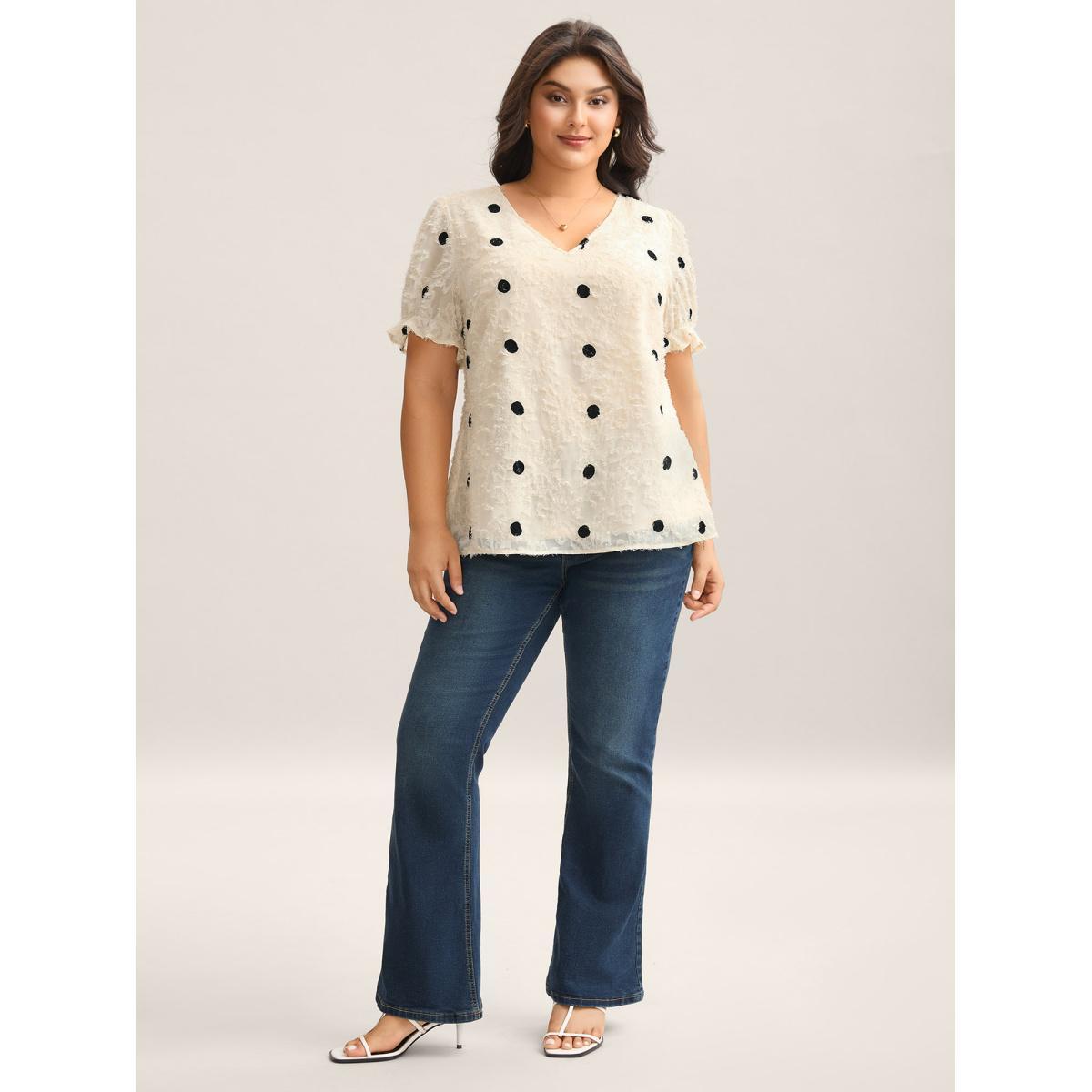Plus Size Beige Textured Dots V-Neck Puff Sleeve Blouse Women Short sleeve V-neck Everyday-Elegant Blouses BloomChic 18-20/2X Product Image
