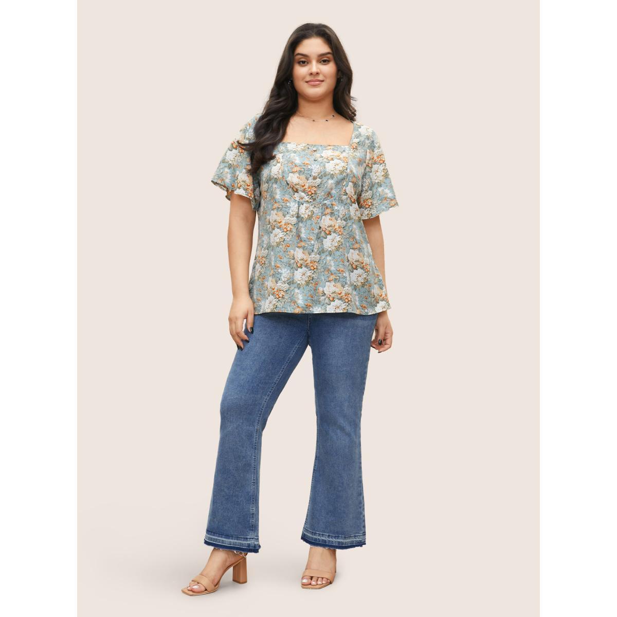 Plus Size Stone Floral Square Neck Ruffle Sleeve Gathered Blouse Women Elegant Short sleeve Square Neck Everyday Blouses BloomChic 12/L Product Image