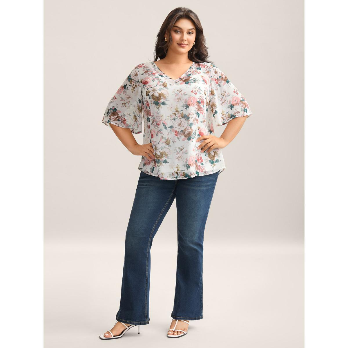 Plus Size Ivory Large Flower Print Sheer Lined Shirt Women Half Sleeve V-neck Everyday-Elegant Blouses BloomChic 14-16/1X Product Image