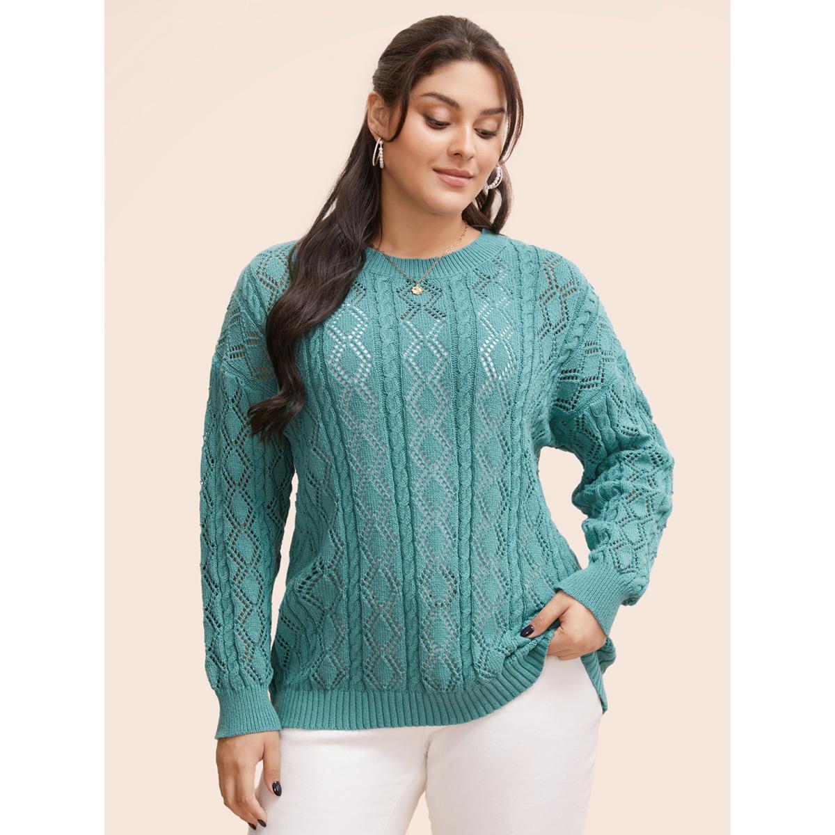 Plus Size Texture Cut Out Drop Shoulder Pullover Teal Women Casual Loose Three Quater Length Sleeve Round Neck Everyday Pullovers BloomChic 18-20/2X Product Image