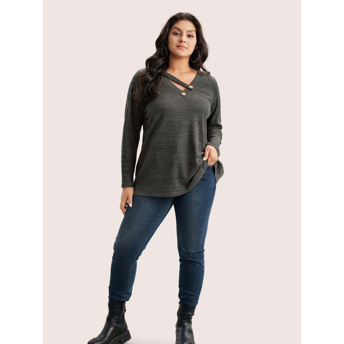 Plus Size Solid Rib Knit Button Detail T-shirt Gray Women Casual Non Plain V-neck Everyday T-shirts BloomChic 12/L Product Image