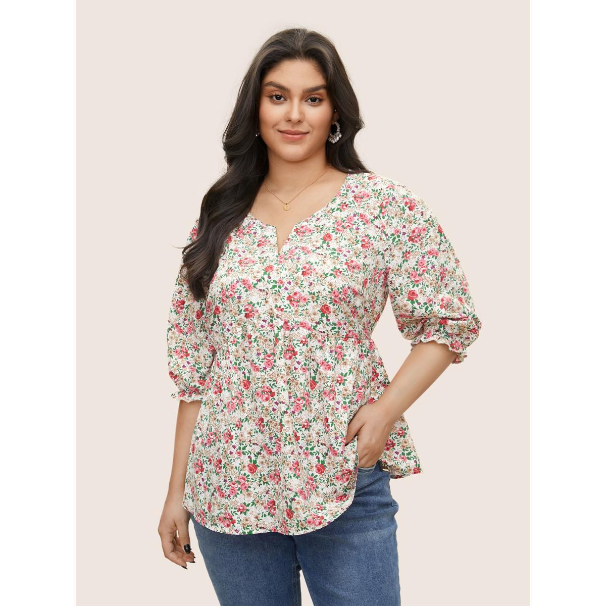 Plus Size Multicolor Ditsy Floral Notched Gathered Ruffles Blouse Women Elegant Elbow-length sleeve Notched collar Everyday Blouses BloomChic 14-16/1X Product Image