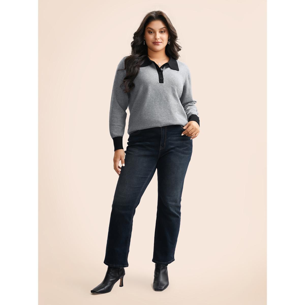 Plus Size Supersoft Essentials Contrast Polo Neck Button Up Pullover Mediumgray Women Casual Loose Long Sleeve Polo Everyday Pullovers BloomChic 18-20/2X Product Image