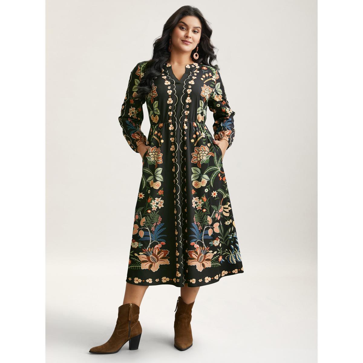 Plus Size Floral Print Notched Collar Elastic Waist Dress Black Women Resort Non Flat collar with V-notch Long Sleeve Curvy BloomChic 30/6X Product Image