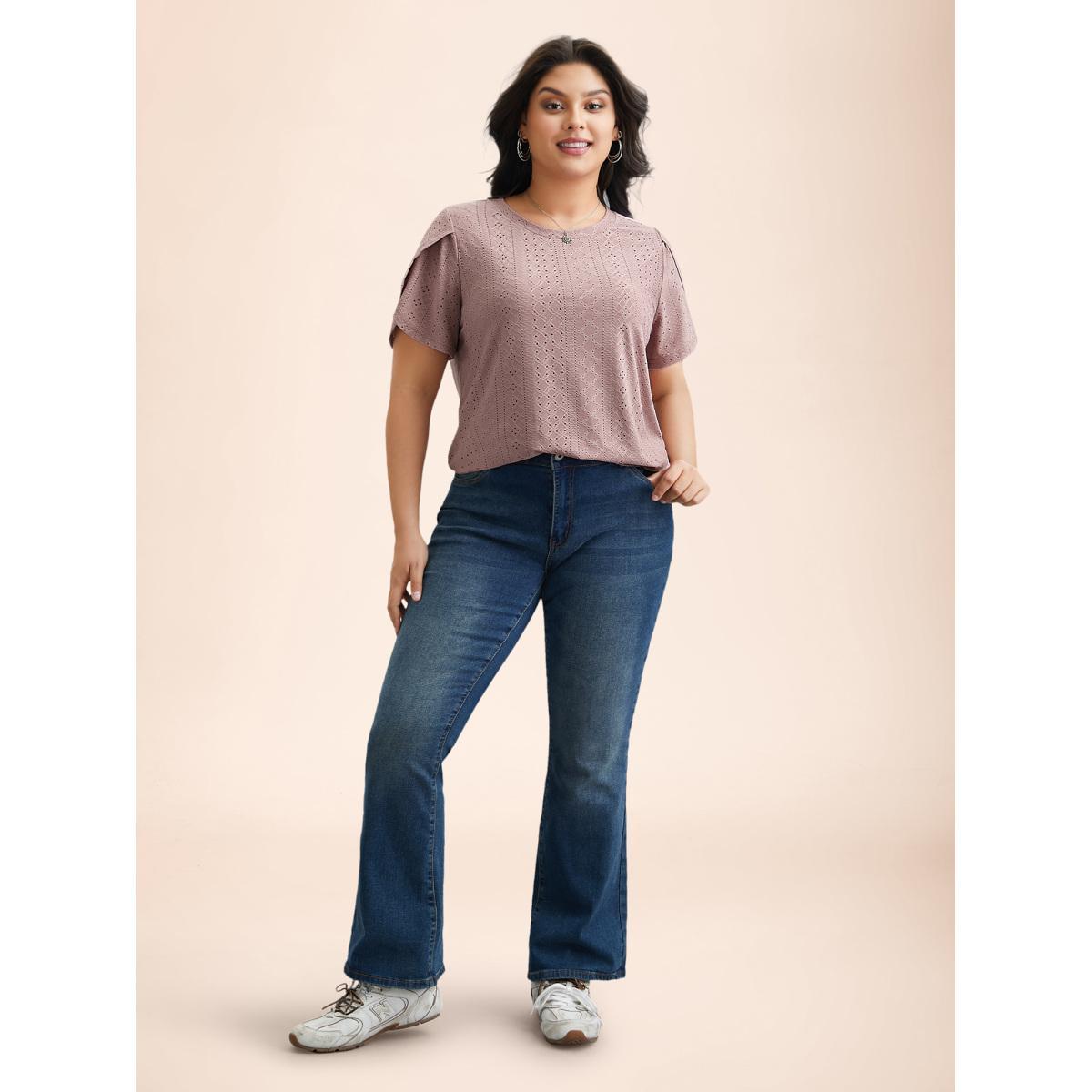 Plus Size Textured Jacquard Petal Sleeve T-Shirt Rouge Women Casual Petal edge Round Neck Everyday T-shirts BloomChic 22-24/3X Product Image