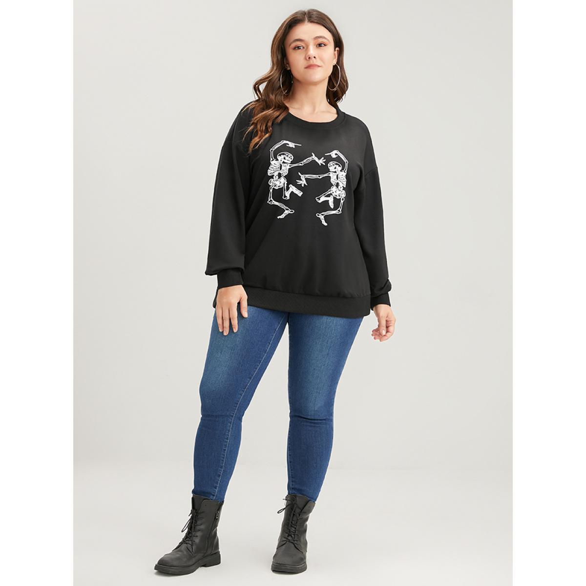 Plus Size Halloween Solid Skull Print Drop Shoulder Sweatshirt Women Black Casual Plain Loose Round Neck Dailywear Sweatshirts BloomChic 26/4X Product Image