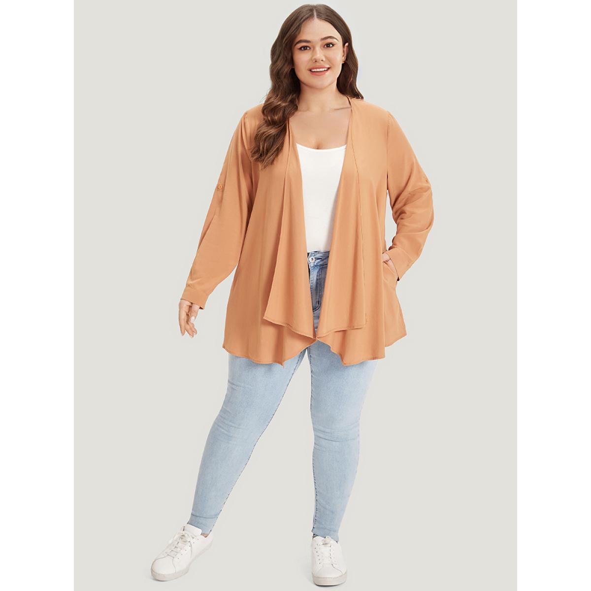 Plus Size Supersoft Essentials Plain Pocket Button Asymmetrical Hem Kimono Women Tan Casual Asymmetrical Pocket Dailywear Kimonos BloomChic 14-16/1X Product Image