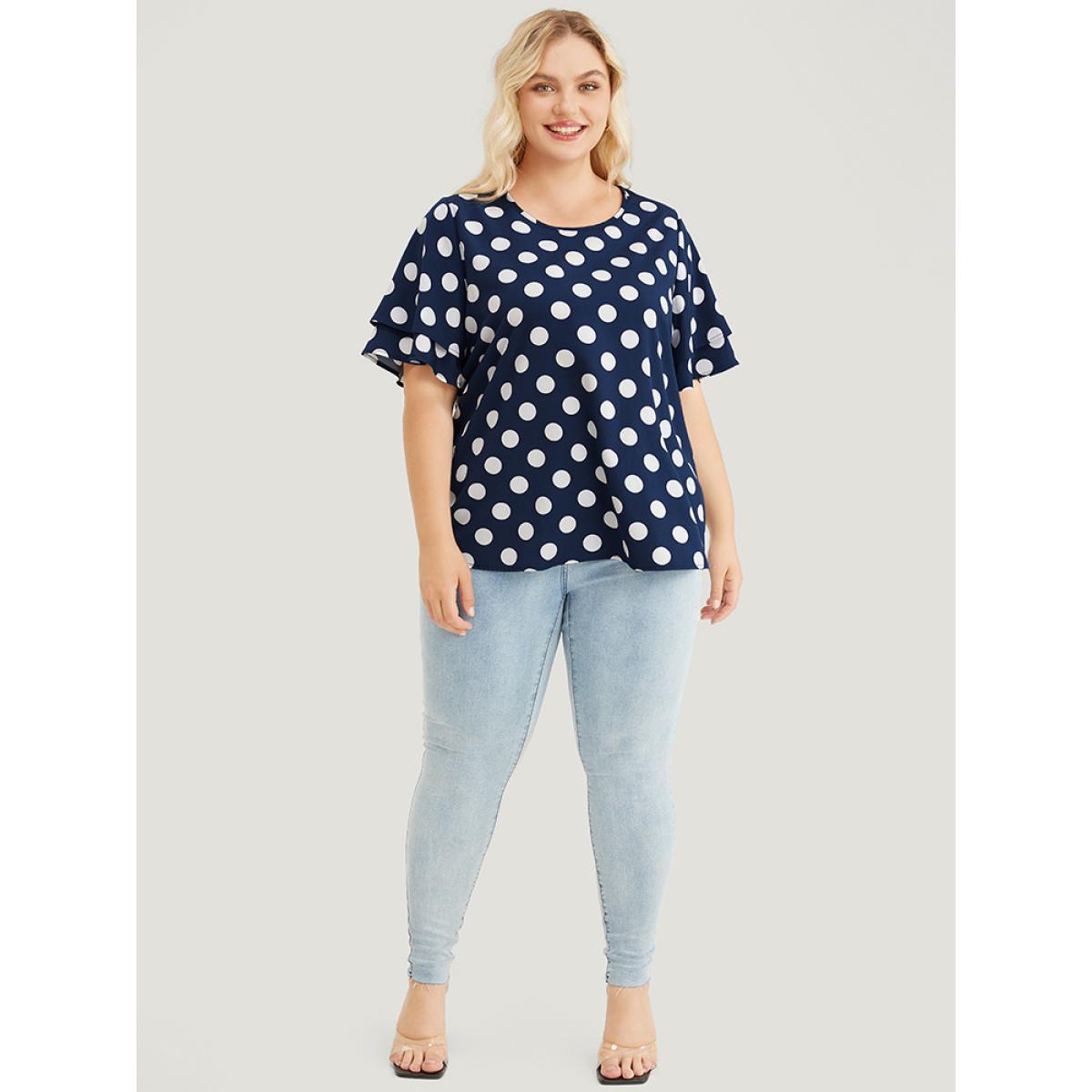 Plus Size Indigo Polka Dot Ruffle Tiered Sleeve Blouse Women Office Short sleeve Round Neck Work Blouses BloomChic 12/L Product Image