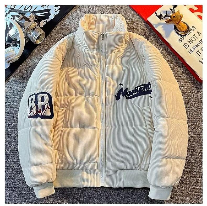 Stand Collar Lettering Embroidered Corduroy Zip Puffer Jacket Product Image