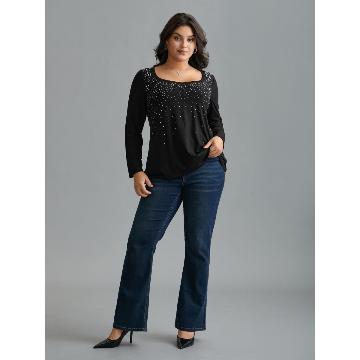 Plus Size Sequin Stretchy Long Sleeve T-shirt Black Women Elegant Rhinestone detailing Heart neckline Everyday T-shirts BloomChic 30/6X Product Image