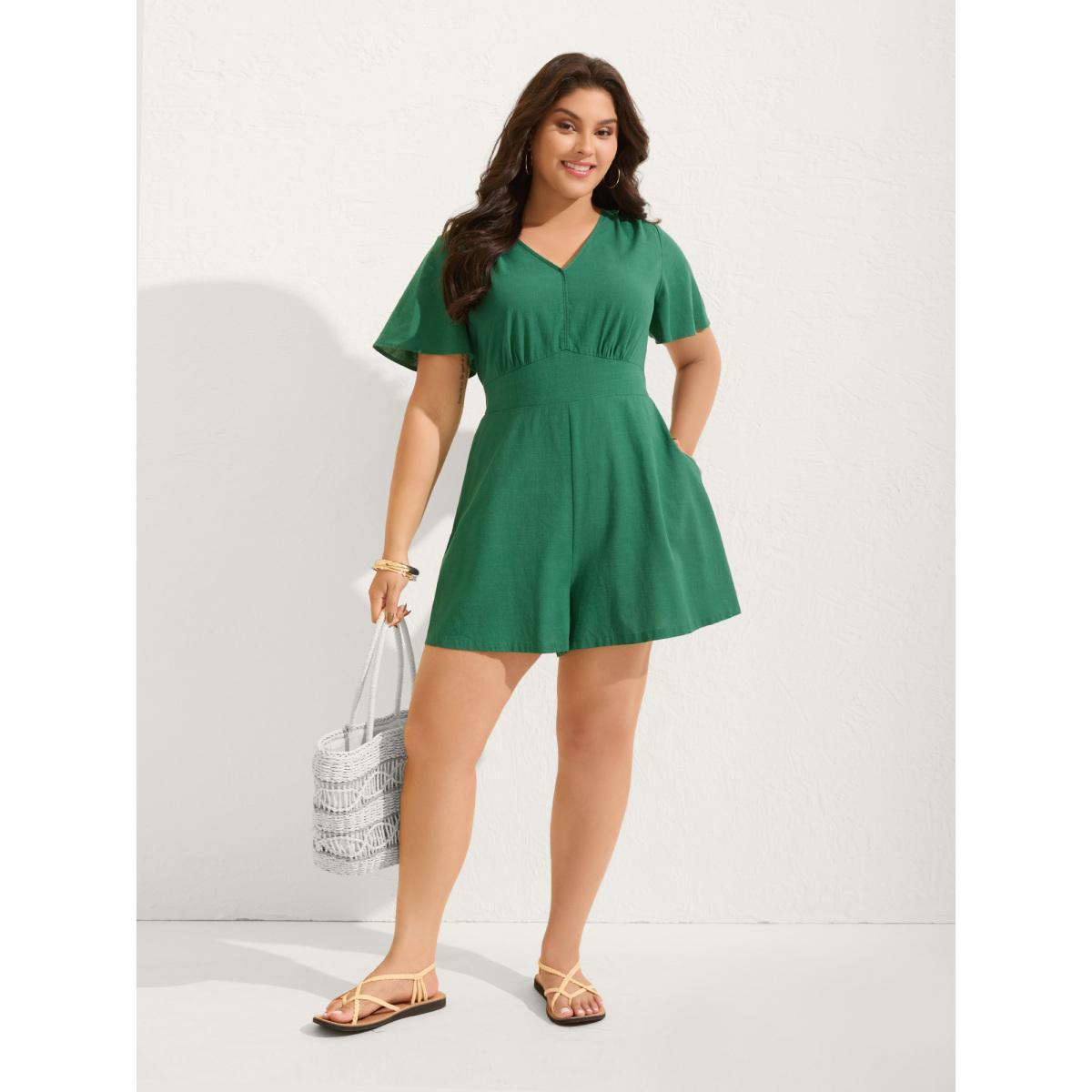 Plus Size DarkGreen Cinched-Waist V-Neck Solid Romper Women Short sleeve Non Vacation Loose Jumpsuits BloomChic 22-24/3X Product Image