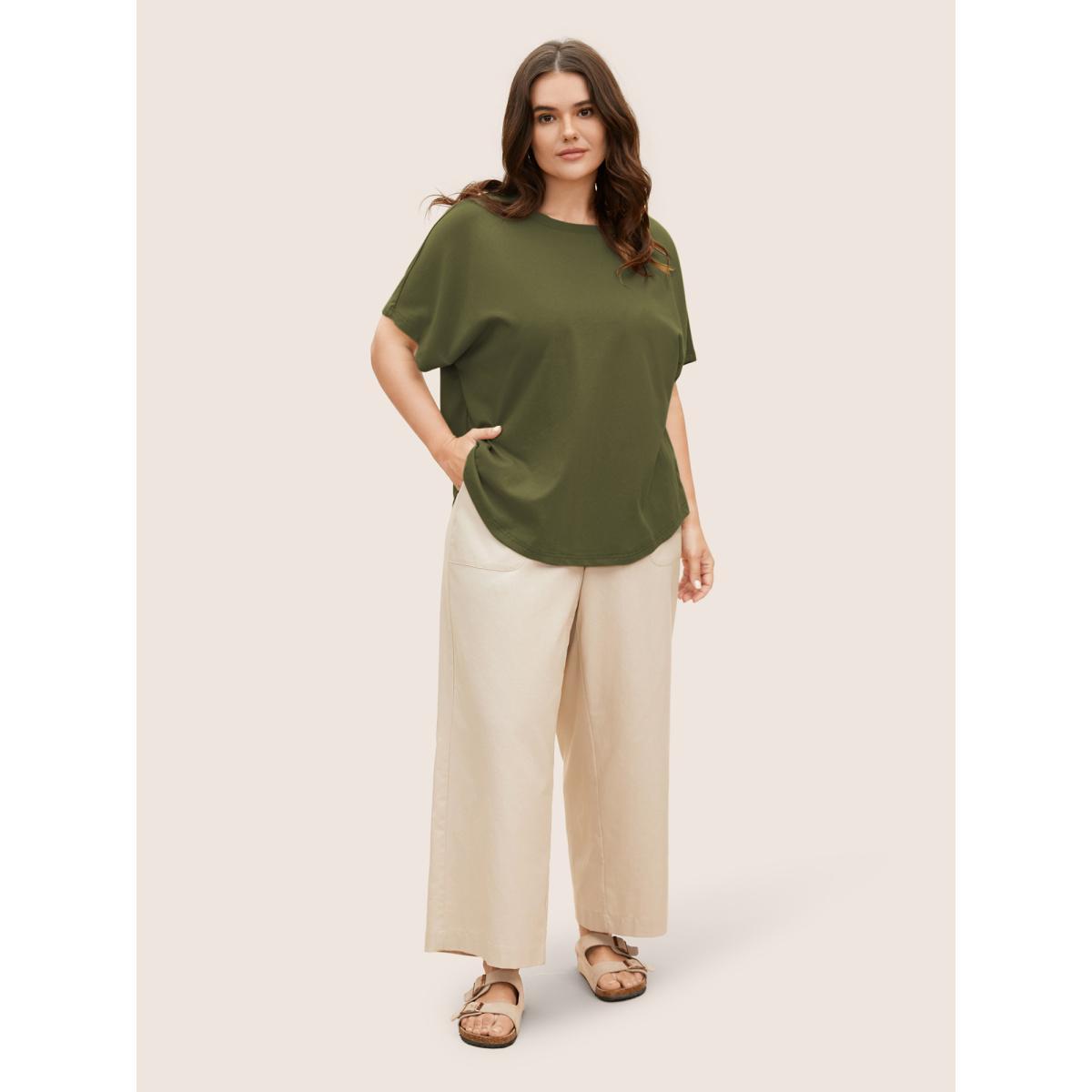 Plus Size Cotton Back Button Detail Dolman Sleeve T-shirt ArmyGreen Women Casual Button Round Neck Everyday T-shirts BloomChic 22-24/3X Product Image