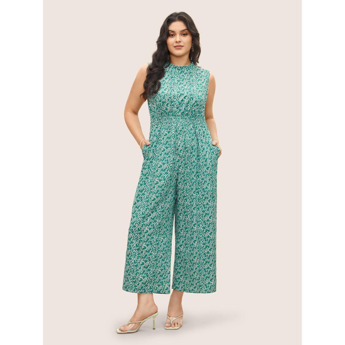 Plus Size Emerald Ditsy Floral Mock Neck Shirred Jumpsuit Women Elegant Sleeveless Mock Neck Everyday Loose Jumpsuits BloomChic 30/6X Product Image