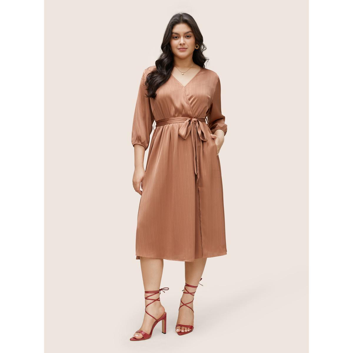 Plus Size Textured Split Side Belted Overlap Collar Dress Rust Women At the Office Non Overlap Collar Elbow-length sleeve Curvy Midi Dress BloomChic 28/5X Product Image