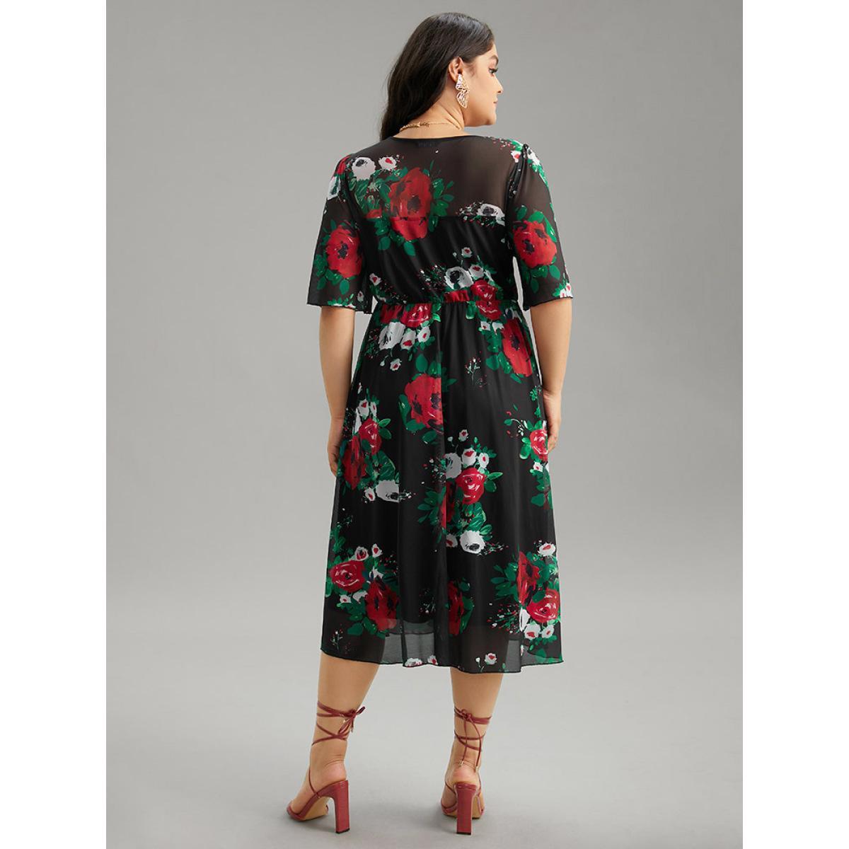 Plus Size Floral Mesh Patchwork Elastic Waist Dress Black Women Cocktail See through V-neck Half Sleeve Curvy Midi Dress BloomChic 30/6X Product Image