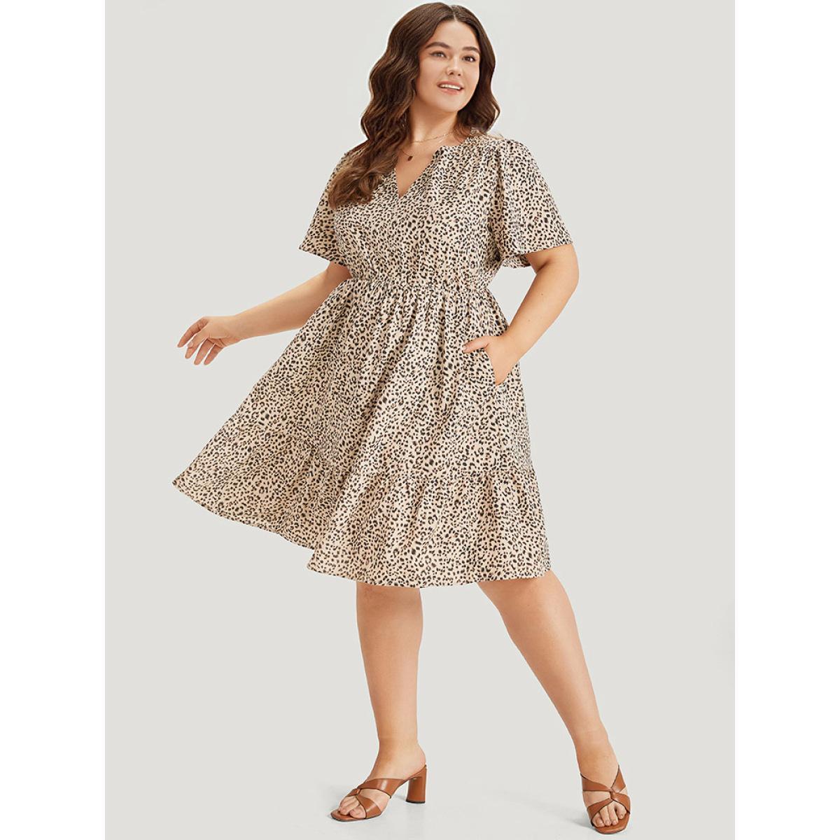 Plus Size Leopard Notched Pocket Gathered Ruffle Layered Hem Dress LightBrown Women Elegant Notched collar Short sleeve Curvy Knee Dress BloomChic 28/5X Product Image