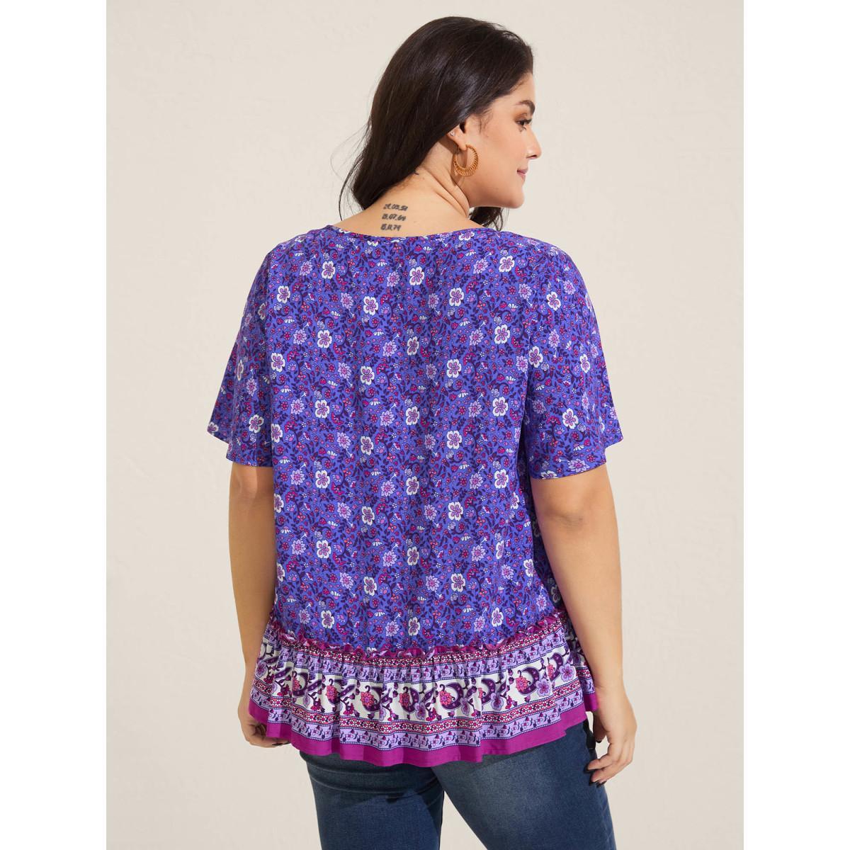 Plus Size BlueViolet Boho Floral Print Neck Tie Blouse Women Short sleeve Notched collar Vacation Blouses BloomChic 14-16/1X Product Image