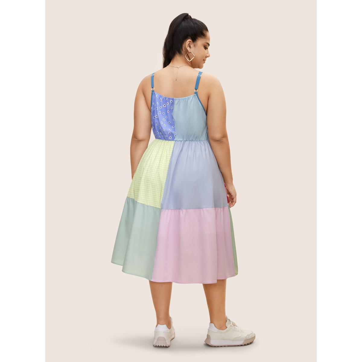 Plus Size Overlap Collar Plaid Patchwork Midi Dress Multicolor Women Casual Overlap Collar Sleeveless Curvy BloomChic 26/4X Product Image