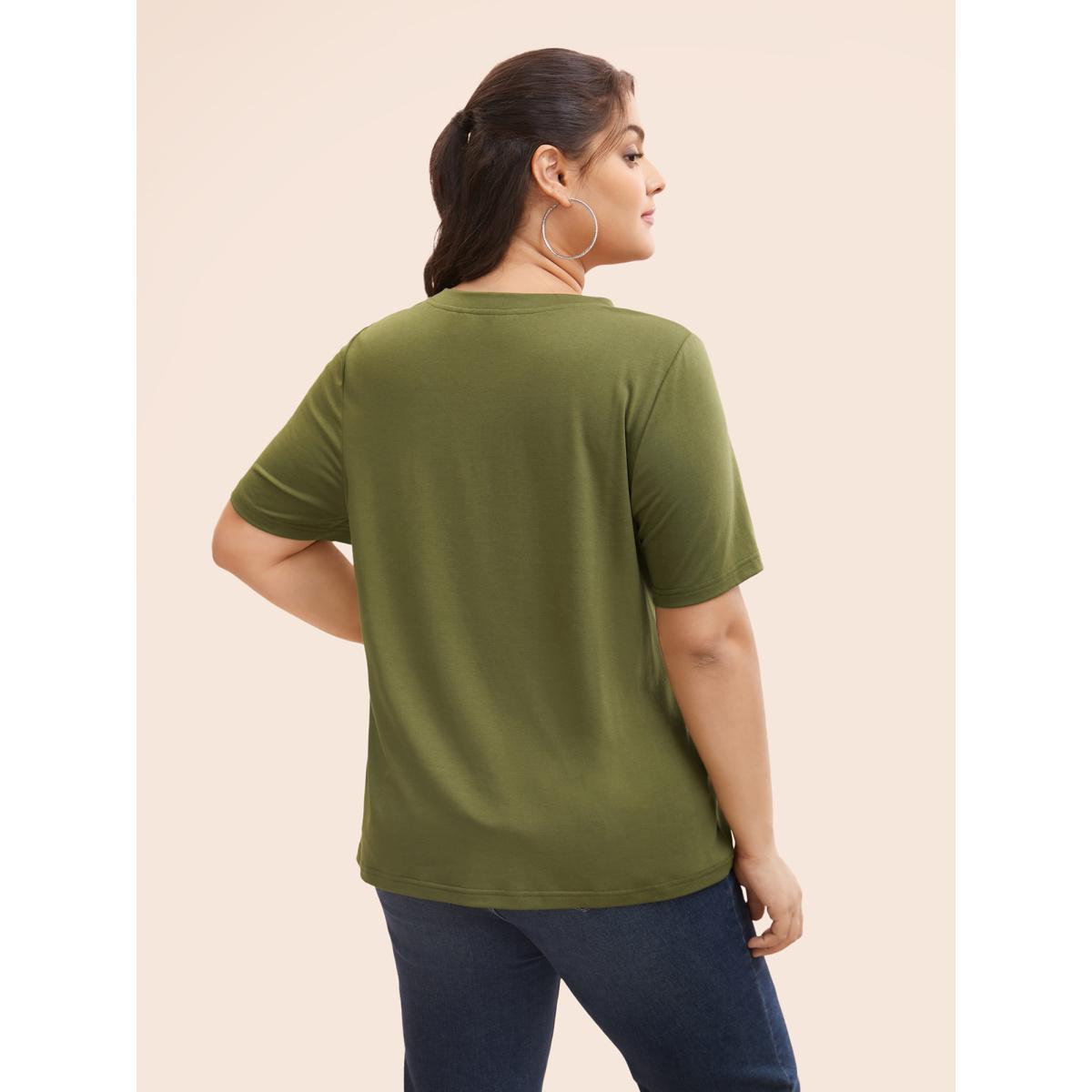 Plus Size V Neck Pleated Stretchy T-shirt ArmyGreen Women Casual Pleated V-neck Everyday T-shirts BloomChic 18-20/2X Product Image