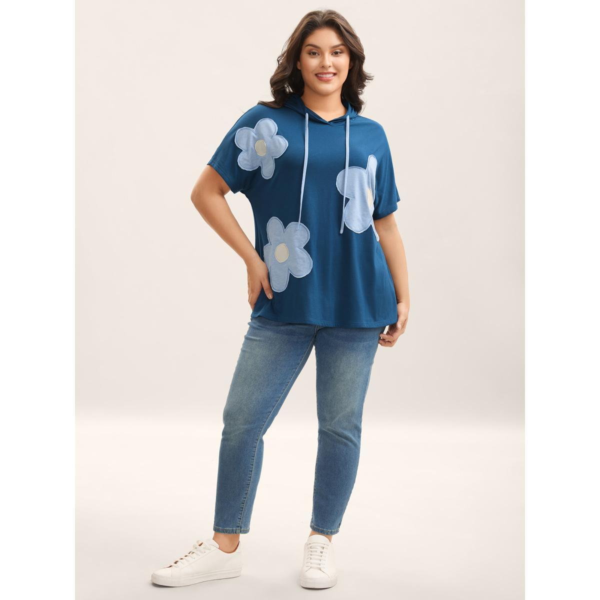 Plus Size Floral Embroidered Patchwork Hooded T-Shirt Indigo Women Contrast Hooded Everyday-Casual T-shirts BloomChic 12/L Product Image