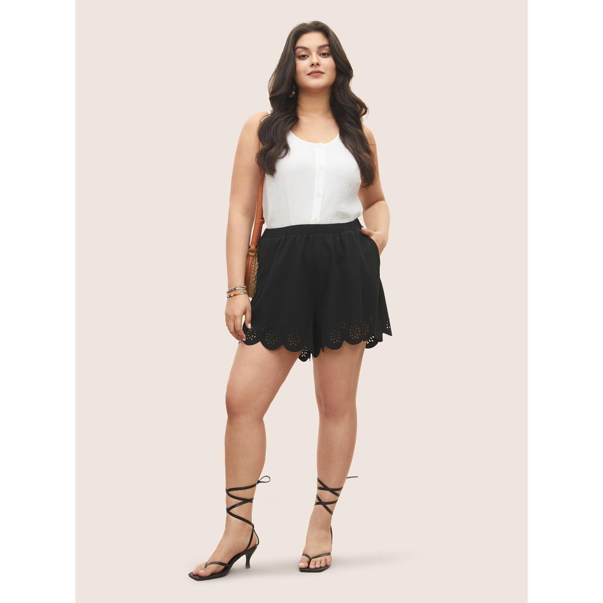 Plus Size Laser Cut Elastic Waist Scalloped Trim Shorts Women Black Elegant Non Loose Everyday Shorts BloomChic 12/L Product Image