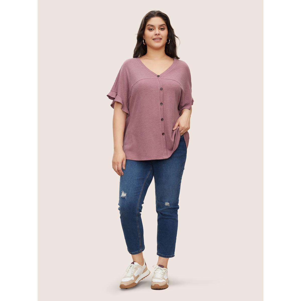 Plus Size Waffle Knit Button Detail Ruffle Trim T-shirt Rouge Women Casual Button V-neck Everyday T-shirts BloomChic 28/5X Product Image
