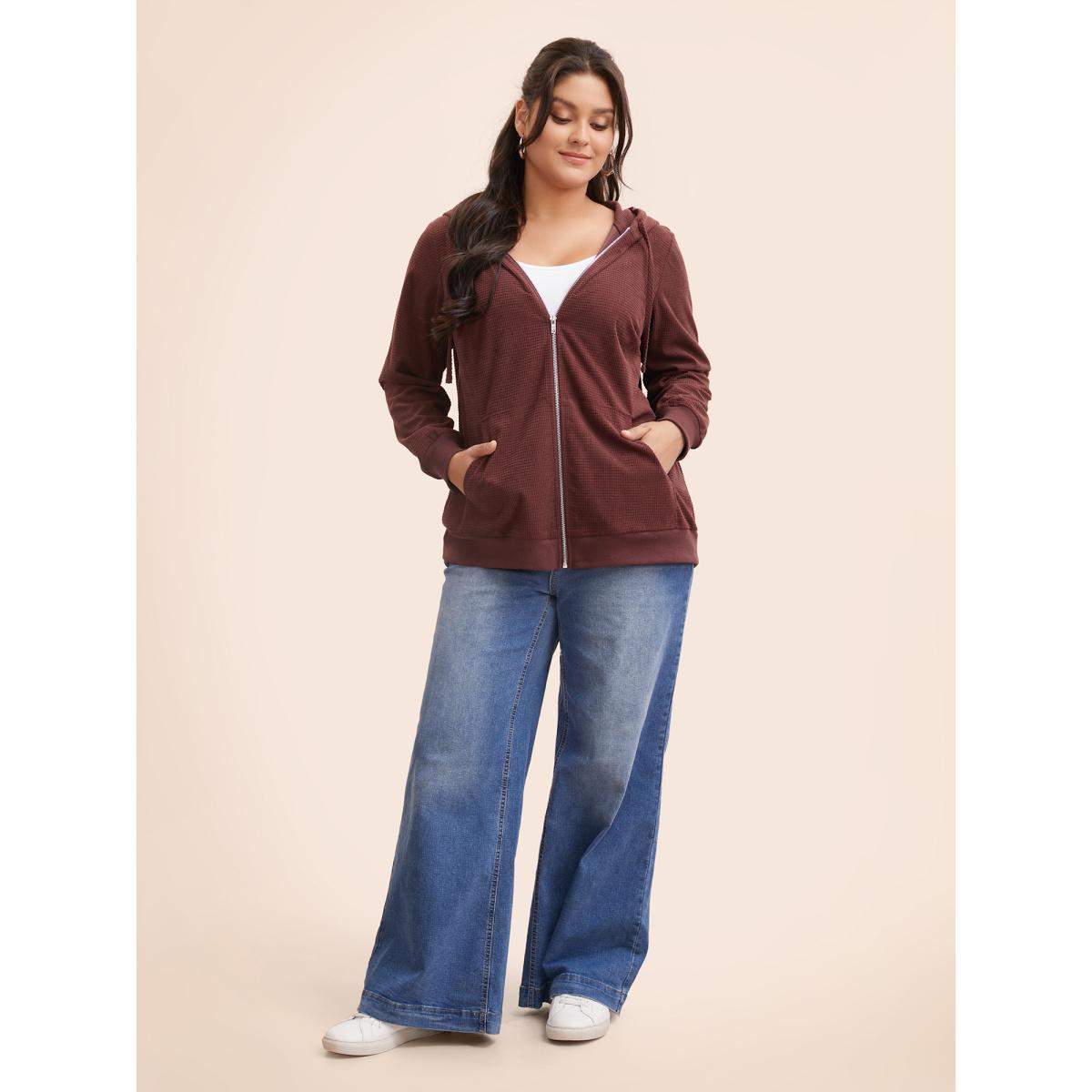 Plus Size Solid Corduroy Hooded Drawstring Sweatshirt Women Scarlet Casual Texture Hooded Everyday Sweatshirts BloomChic 22-24/3X Product Image