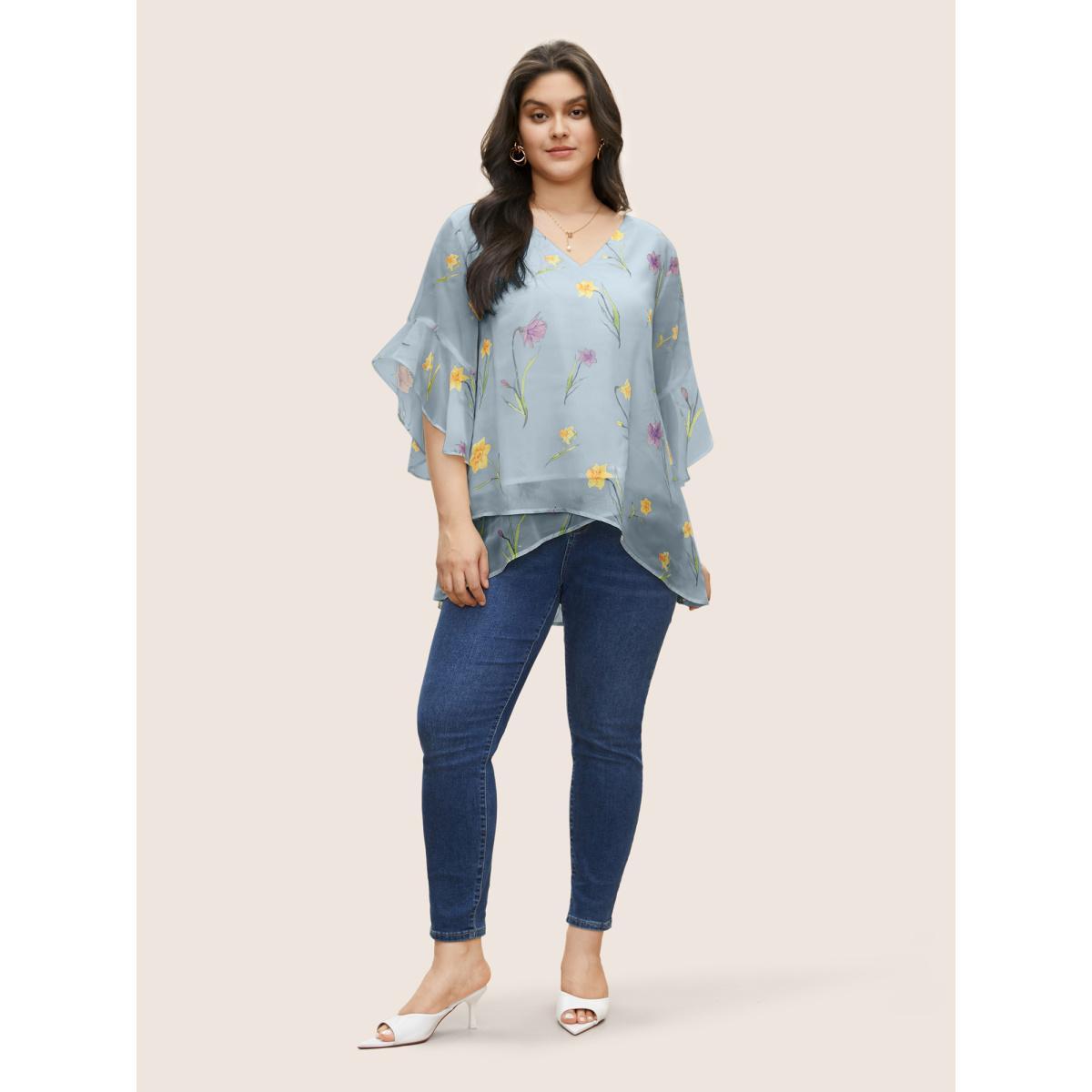 Plus Size Stone Floral Tiered Mesh Asymmetrical Hem Blouse Women Elegant Everyday Blouses BloomChic 10/M Product Image