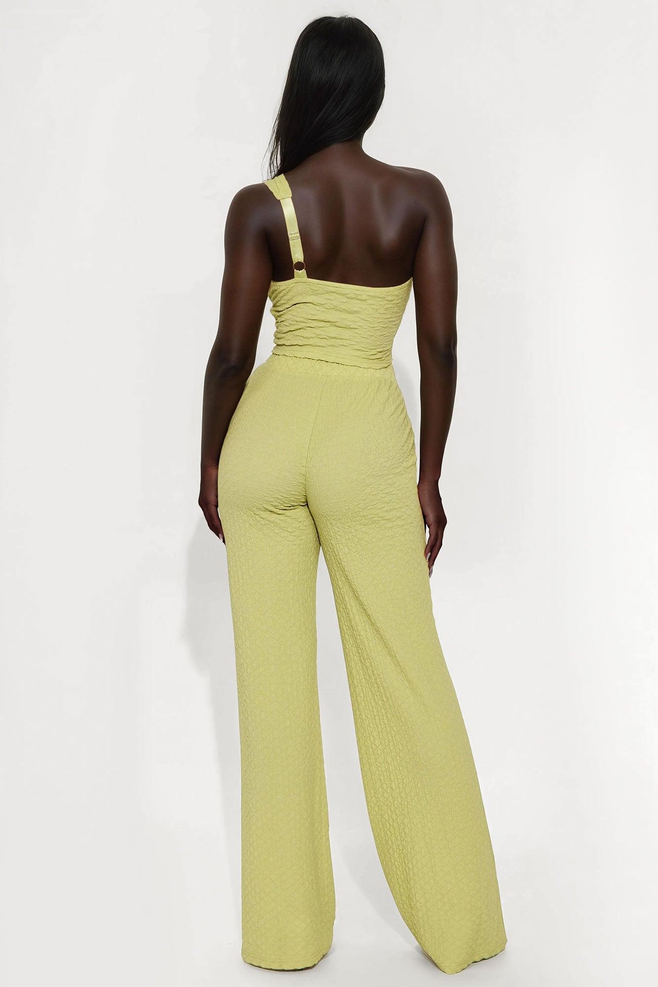Aza One Shoulder Textured Flare Pant Set - Chartreuse Product Image