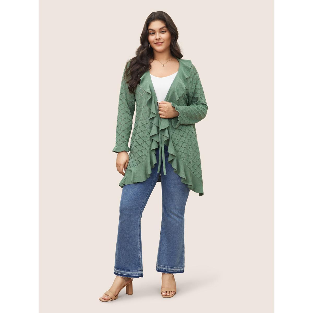 Plus Size Plain Geometric Cut Out Ruffles Ties Cardigan Emerald Women Everyday Elegant Cover Ups Bloomchic 30/6X Product Image