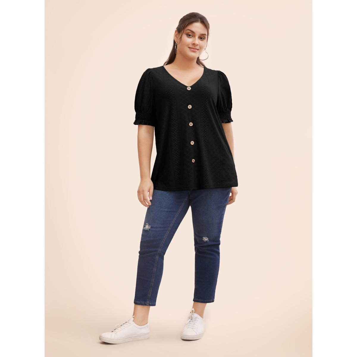 Plus Size Plain Broderie Anglaise Shirred Puff Sleeve Button Detail T-shirt Black Women Casual Button Plain V-neck Everyday T-shirts BloomChic 12/L Product Image