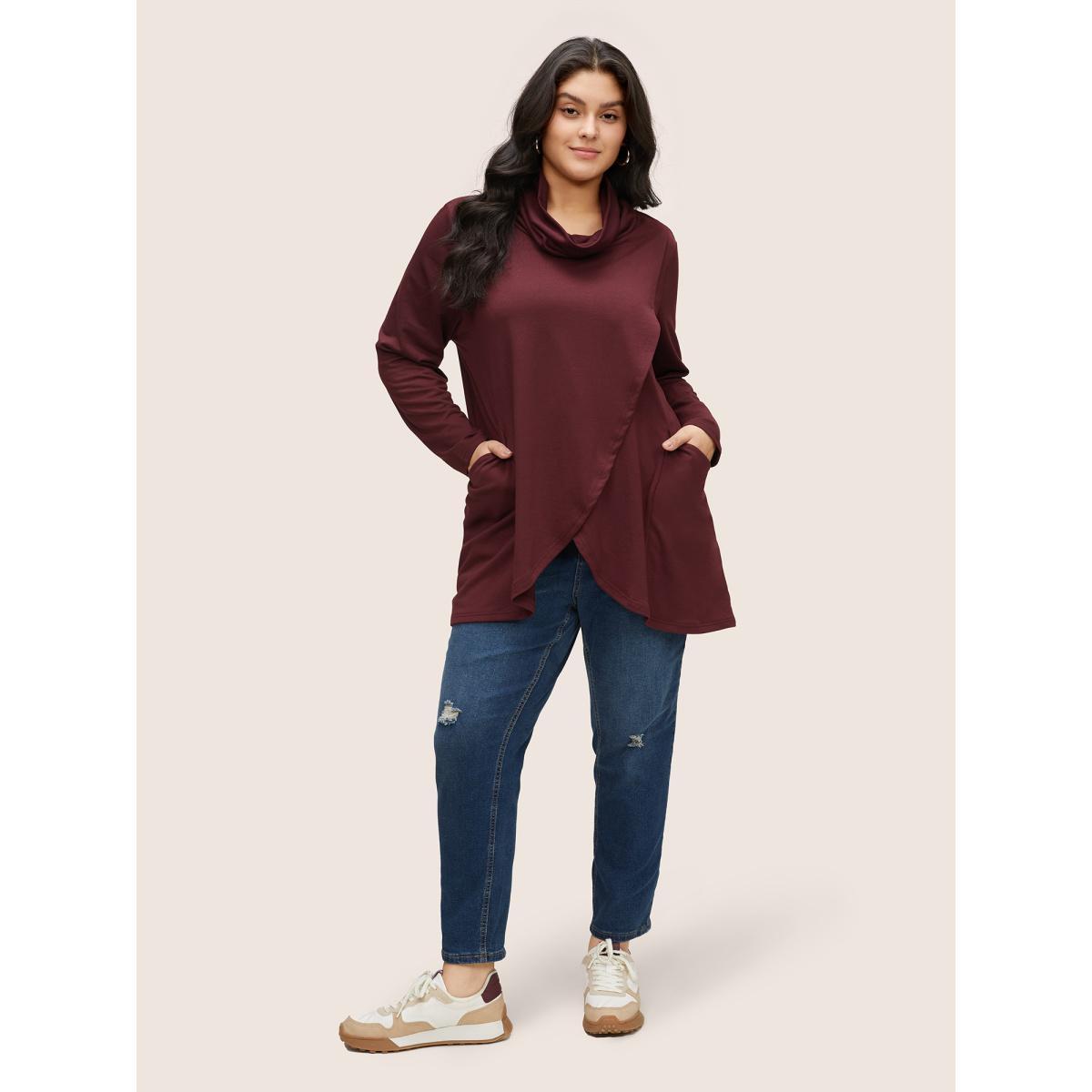 Plus Size Solid Turtleneck Pocket Wrap Hem Sweatshirt Women Burgundy Casual Non Turtleneck Everyday Sweatshirts BloomChic 26/4X Product Image