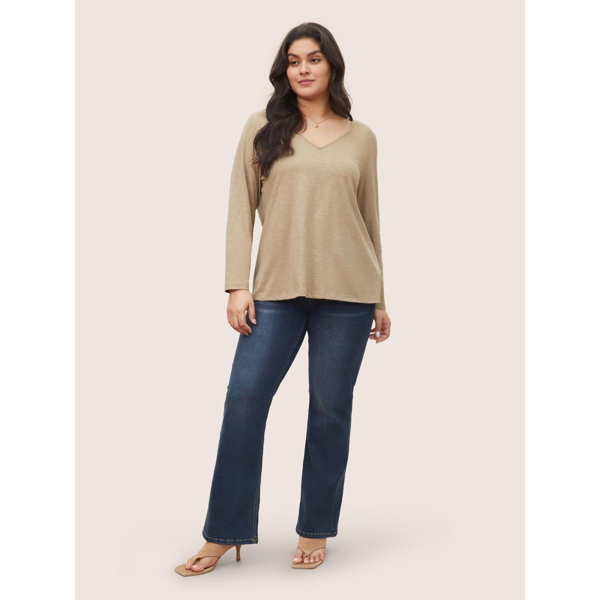 Plus Size Plain Heather Lace Mesh Patchwork T-shirt Tan Women Elegant Non Plain V-neck Everyday T-shirts BloomChic 30/6X Product Image