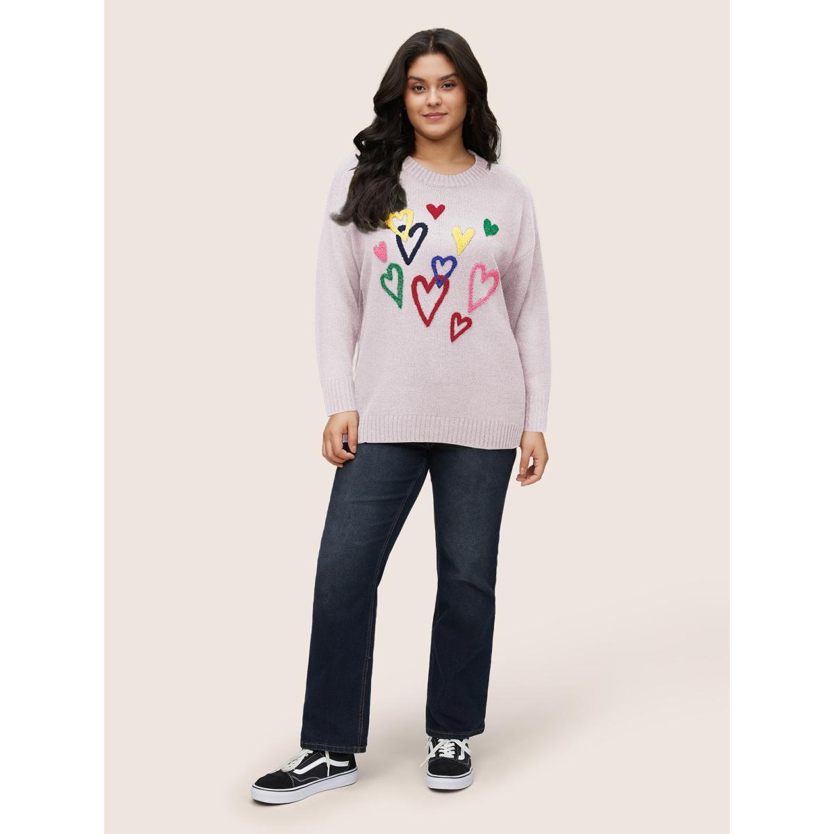 Plus Size Heart Towel Embroidered Crew Neck Pullover Lilac Women Casual Loose Long Sleeve Round Neck Dailywear Pullovers BloomChic 12/L Product Image