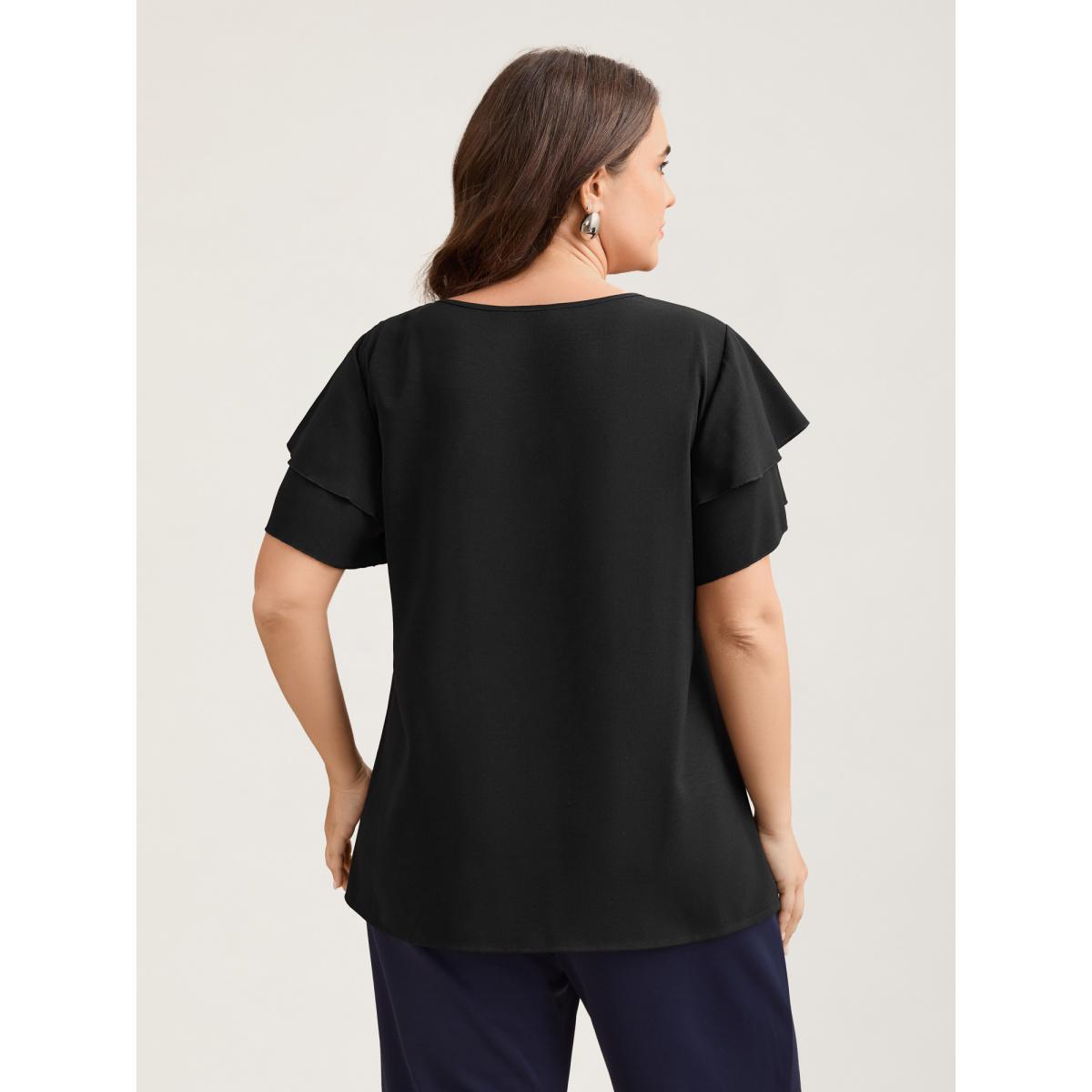 Plus Size Black Toothpick Pleat Layered Flutter Sleeve Blouse Women At the Office Short sleeve Round Neck Work Blouses BloomChic 22-24/3X Product Image